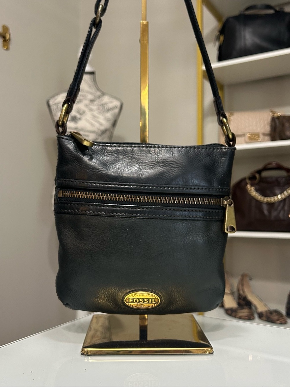 Fossil Explorer Mini Black Leather Small Crossbody Bag with Gold Hardware